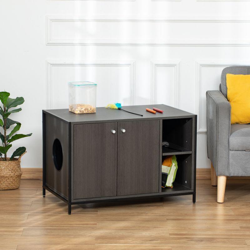 PawHut Large Wooden Cat Litter Box Enclosure, Multipurpose Anti-Tracking Pet Kitten House, Indoor End Table with Magnetic Doors Storage Shelves, Black