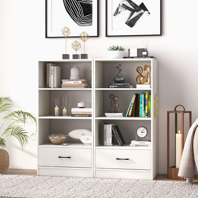 Tangkula 4-Tier Bookcase w/Storage Drawer Modern Storage Shelf w/3-Tier Open Shelf Freestanding Display Shelf Grey/Natural/White