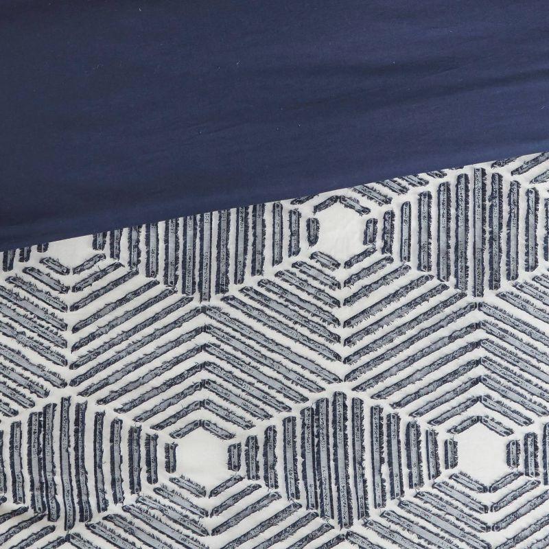 California King Navy Cotton Geometric Jacquard Duvet Cover Set