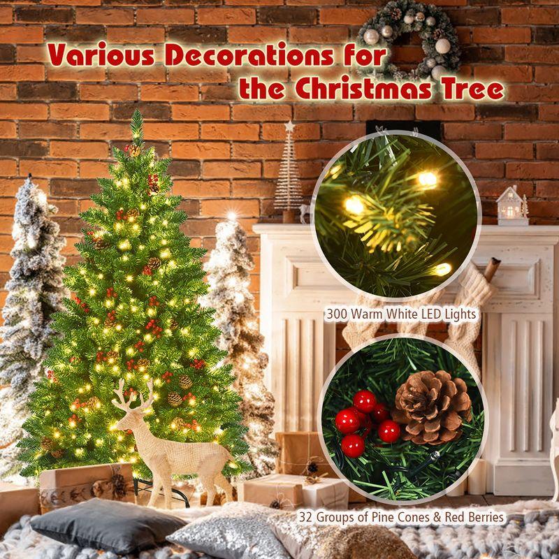 Costway 4.5Ft\6.5Ft\7.5Ft Pre-lit Hinged Christmas Tree w/ Pine Cones Red Berries and 300\450\450 LED Lights