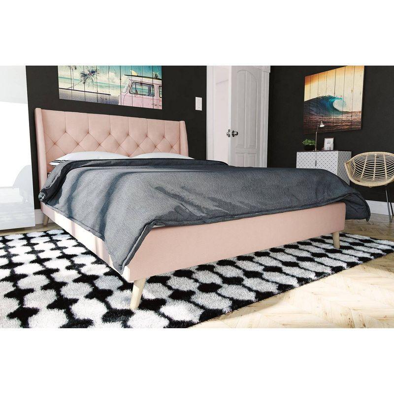 Full Pink Linen Tufted Upholstered Bed with Slats