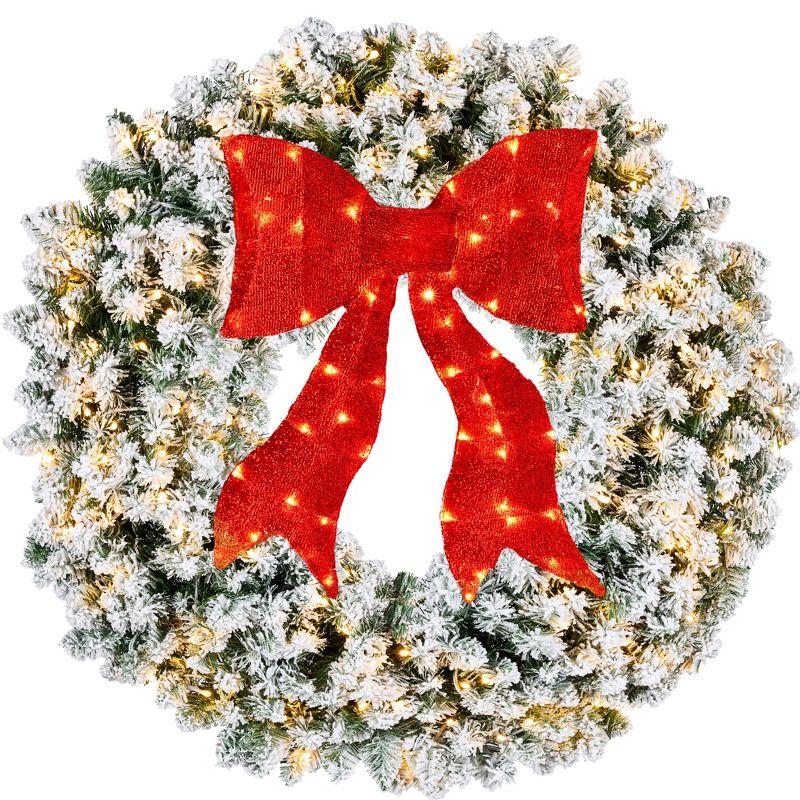 36" Snow-Flocked Artificial Christmas Wreath with Red Bow and LED Lights