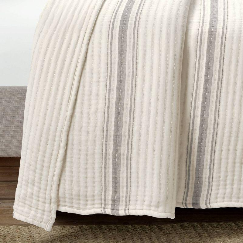 Full/Queen Farmhouse Stripe Kantha Pick Sti Thread Counth Yarn Dyed Woven Single Quilt/Coverlet Gray - Lush Décor