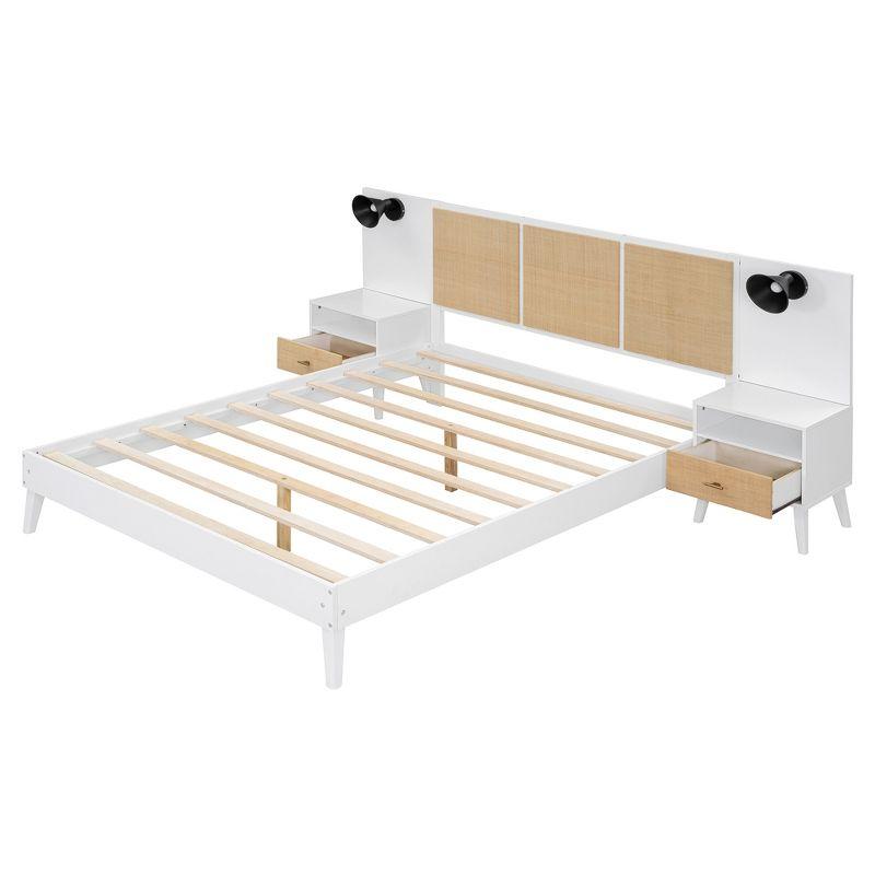 Queen Size Solid Wood Bed Frame with 2 Nightstands, Elegant Rattan and Wood Combination Platform Bed with Lamps, White - ModernLuxe