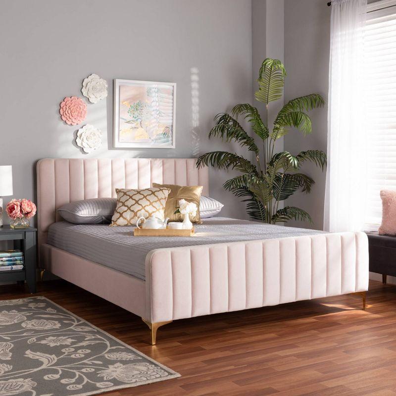 King Nami Velvet Platform Bed Light Pink/Gold - Baxton Studio: Upholstered, No Box Spring Needed