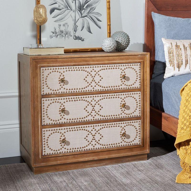 Rustic Oak and Beige Linen 3-Drawer Night Table