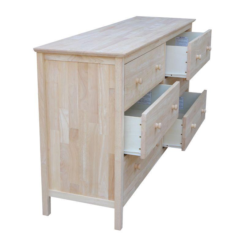 Dresser with 6 Drawers Unfinished - International Concepts: Solid Parawood Bedroom Storage