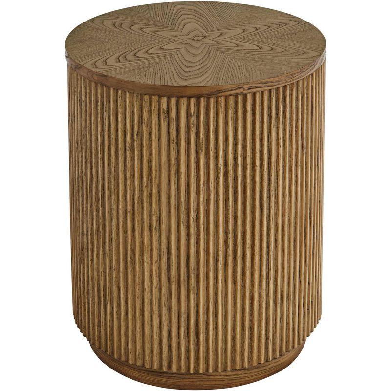 Natural Oak Round Accent Side Table with Carved Ridges