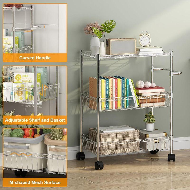 3 Tier Rolling Cart, Metal Kitchen Cart On Wheels with Baskets, Wire Shelving Storage Cart with Handles for Kitchen Bathroom Office Laundry, Chrome