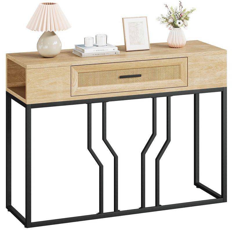 Garvee Rattan Console Table, Sofa Tables Narrow Entryway Table with Drawer and Storage for Living Room, Foyer, Bedroom