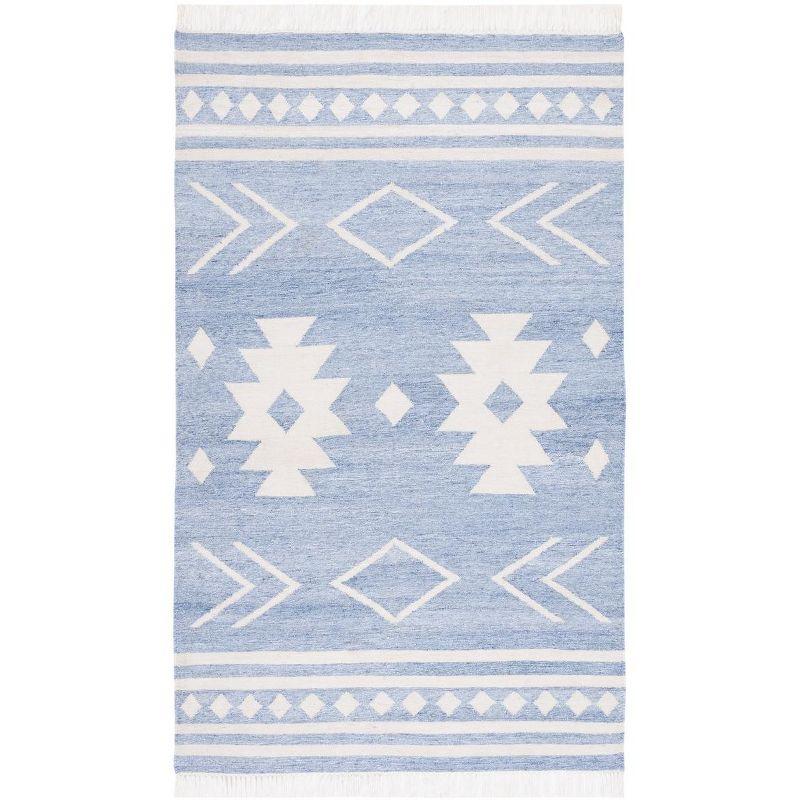 Handmade Blue and Ivory Geometric Flat Woven Area Rug, 5' x 8'