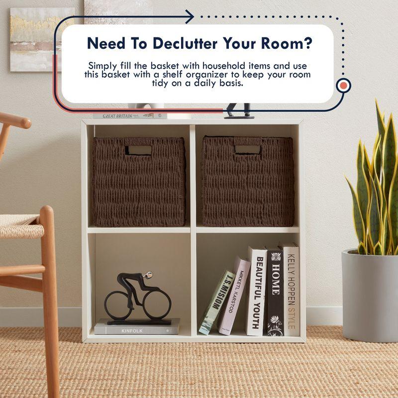 Ornavo Home 2 Pack Paper Wicker Storage Shelf Basket Cube Bin with Handles - 10.5" Inch - Brown