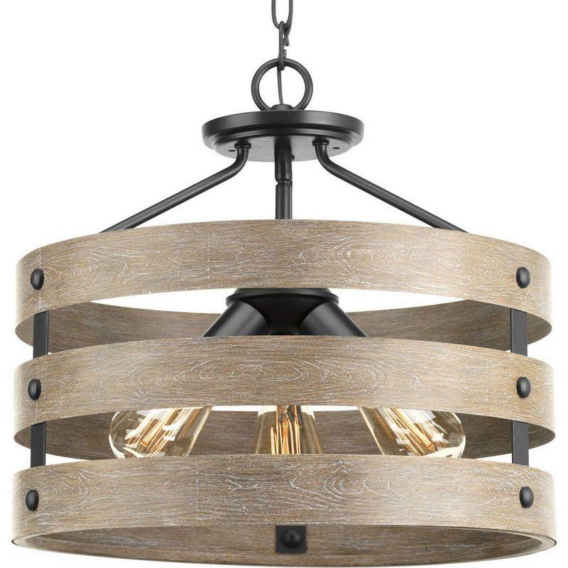 Gulliver Graphite & Wood-Grain 17" Drum Semi-Flush Ceiling Light