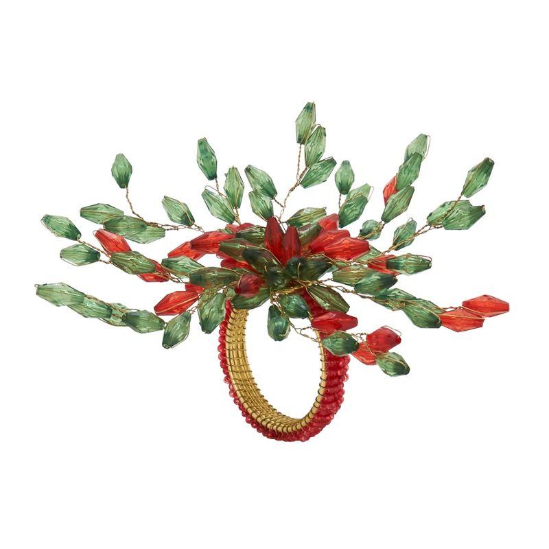 Red and Green Beaded Flower Napkin Rings Set of 4