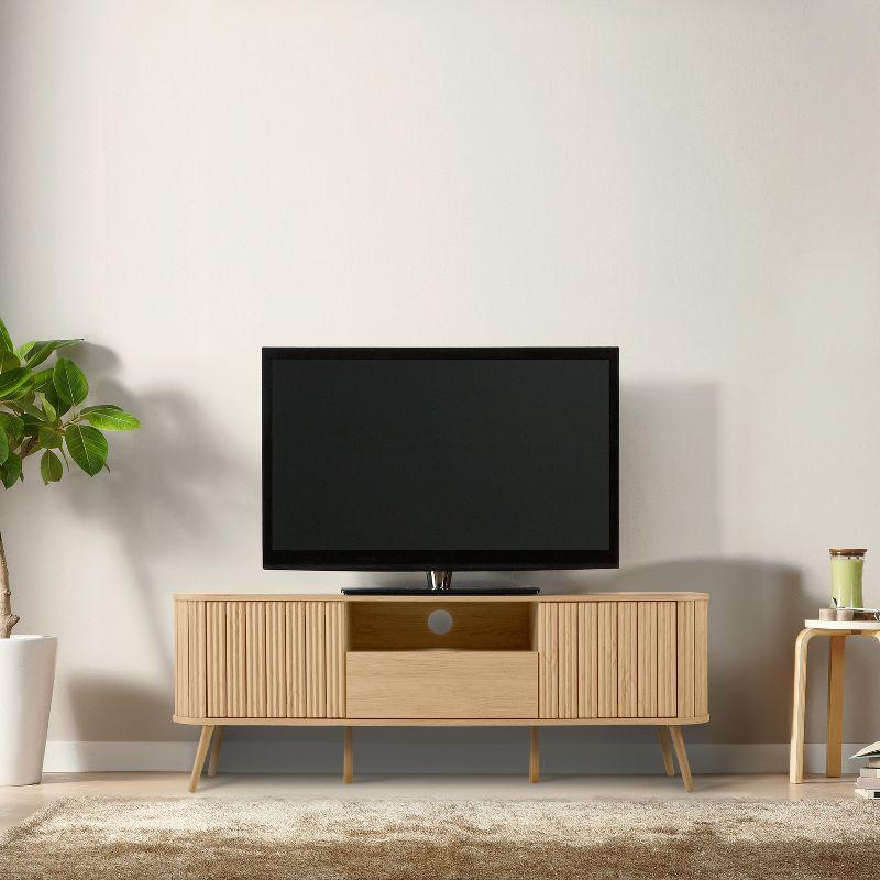 JONATHAN Y Damien 70 in. Farmhouse Curved TV Stand with Drawer and Storage Doors Fits TVs up to 75 in. with Cable Management, Oak