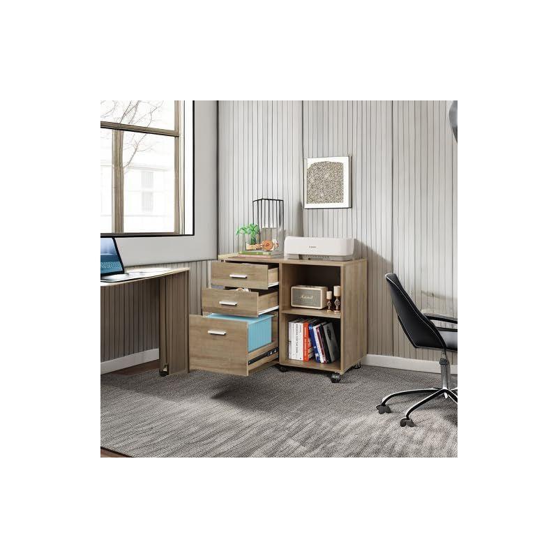 GALAXHERO 3-Drawer Wood Mobile File Cabinet, Lateral Filing Cabinet with Printer Stand and Open Shelves for Home Office, Gray Oak
