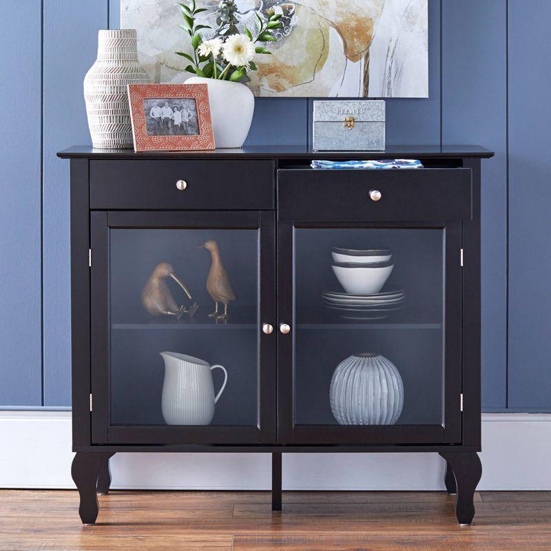 Petite Queen Anne Black Buffet with Tempered Glass Doors