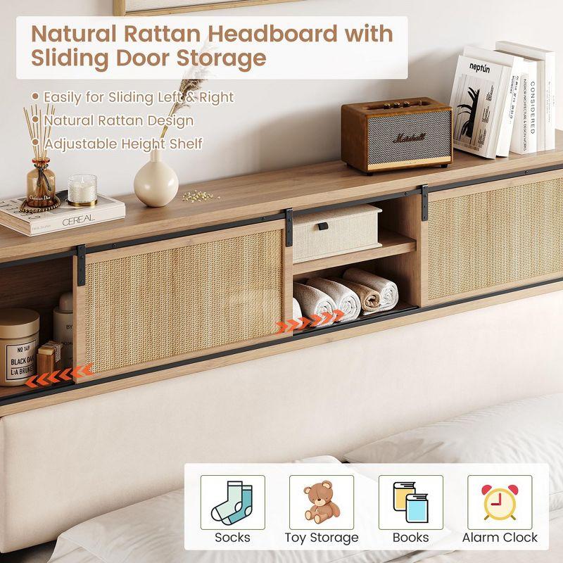 Garvee Rattan Full Size Bed Frame with Sliding Door Shelf Headboard, Bohemian Rattan Bed Frame with Shelves, Wood Foundation, No Box Spring Needed