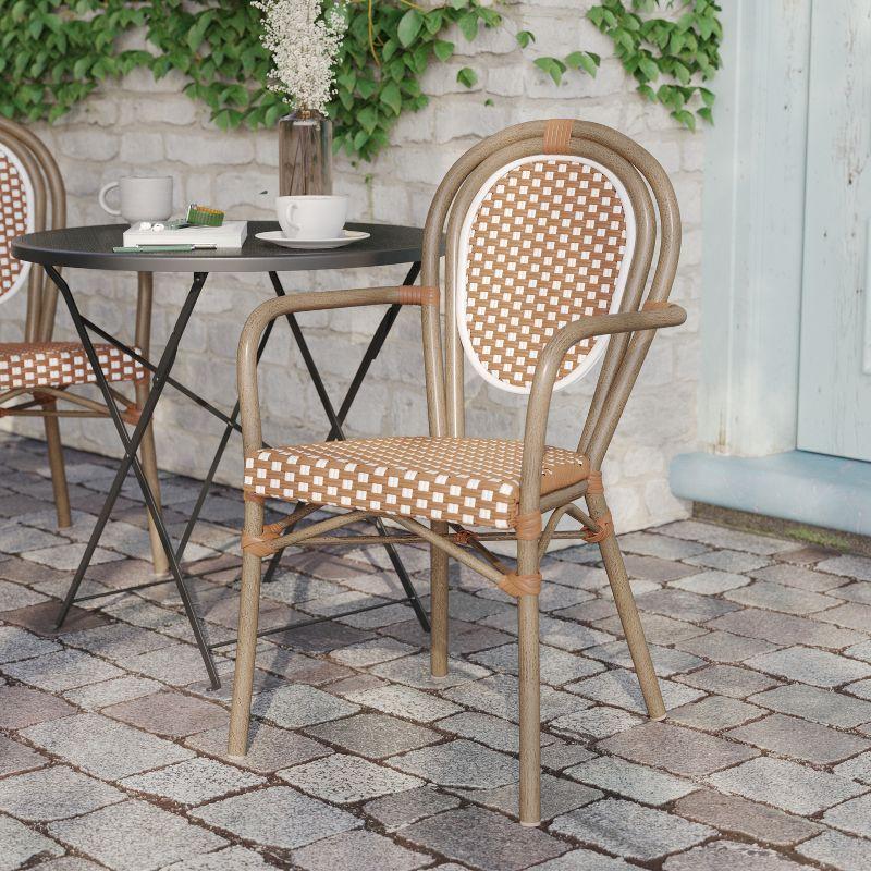 Flash Furniture Lourdes Indoor/Outdoor Commercial Thonet Bistro Stacking Chair with Arms, PE Rattan and Aluminum Frame