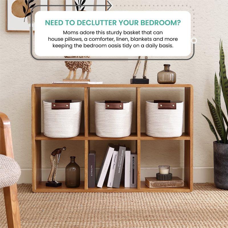 Ornavo Home 3 Pack Cotton Rope Shelf Storage Basket with Faux Leather Handles - Multi Brown