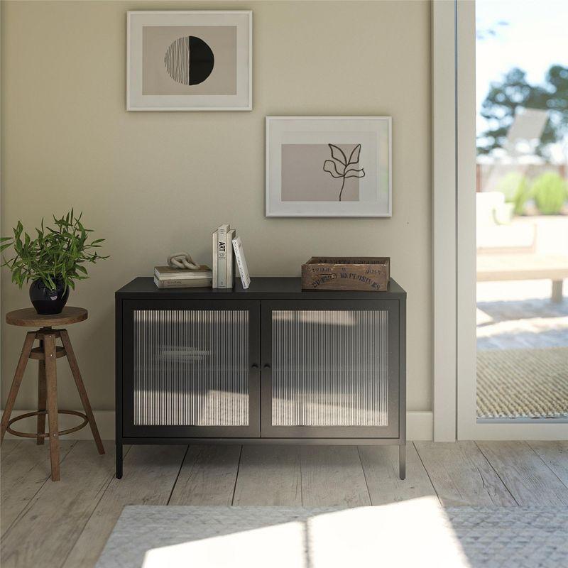 Black Metal 2-Door Accent Cabinet with Fluted Glass