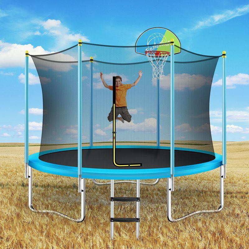 8ft Trampoline for Kids with Safety Enclosure Net, Basketball Hoop and Ladder, Outdoor Round Recreational Trampoline, for Boys Girls Birthday Gifts