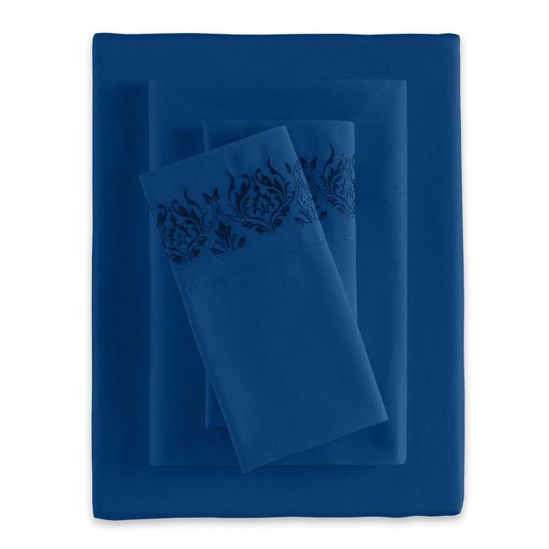 Navy Full Embroidered Polyester Damask Sheet Set