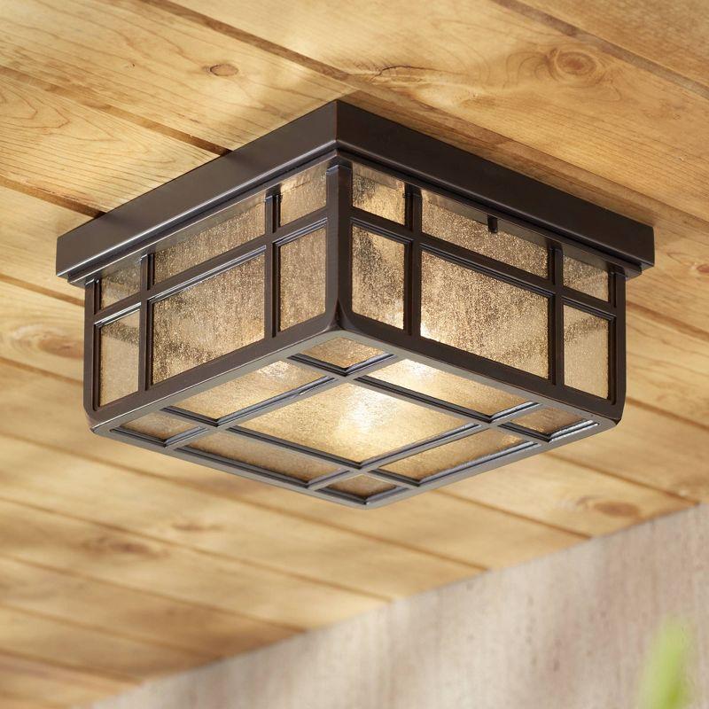 Kathy Ireland Sierra Craftsman Rustic Flush Mount Outdoor Ceiling Light Rubbed Bronze 5 1/2" Frosted Seeded Glass for Post Exterior Barn Deck House