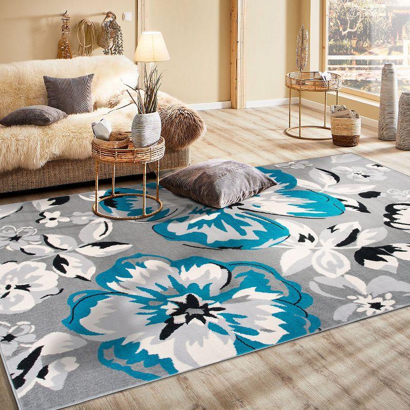 Elegant Blue Floral 5' x 7' Reversible Washable Rug