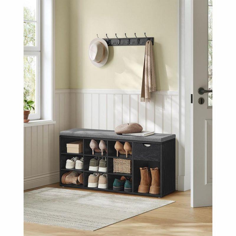 VASAGLE Storage Bench, Entryway Bench with Cushion, Drawer and Open Compartments, Bench with Storage, Closet, Ebony Black and Slate Gray