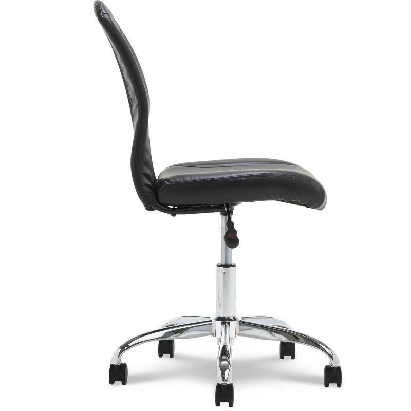 Sleek Black Faux Leather Armless Task Chair with Mesh Back