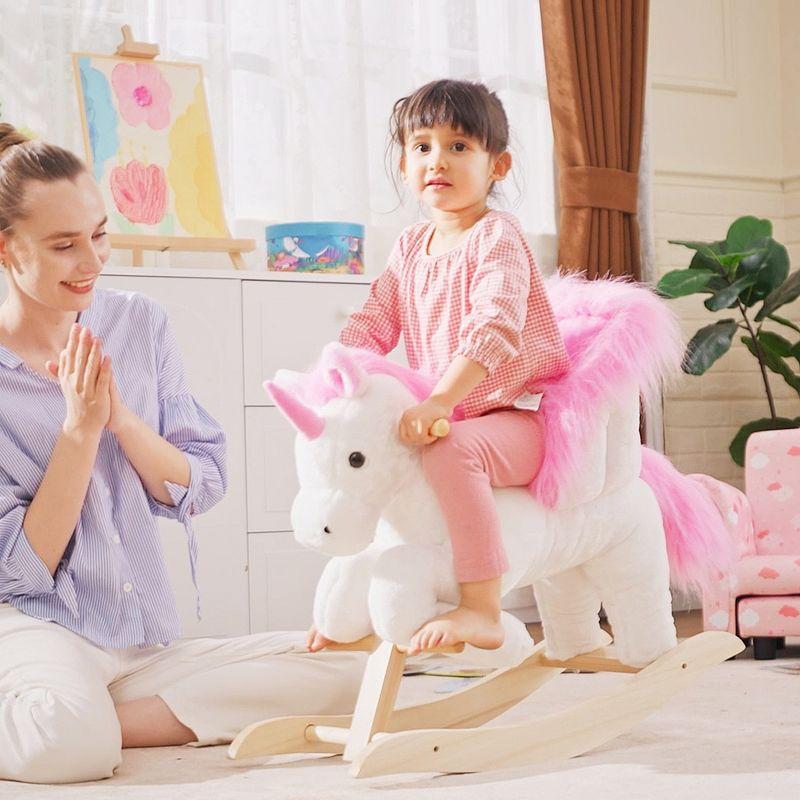 Qaba Kids Rocking Horse, Wooden Plush Ride-On Unicorn Chair Toy with Lullby Song for 18-36 months children