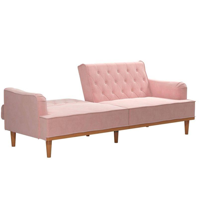 Stella Vintage Pink Velvet Convertible Sofa Bed with Wood Trim