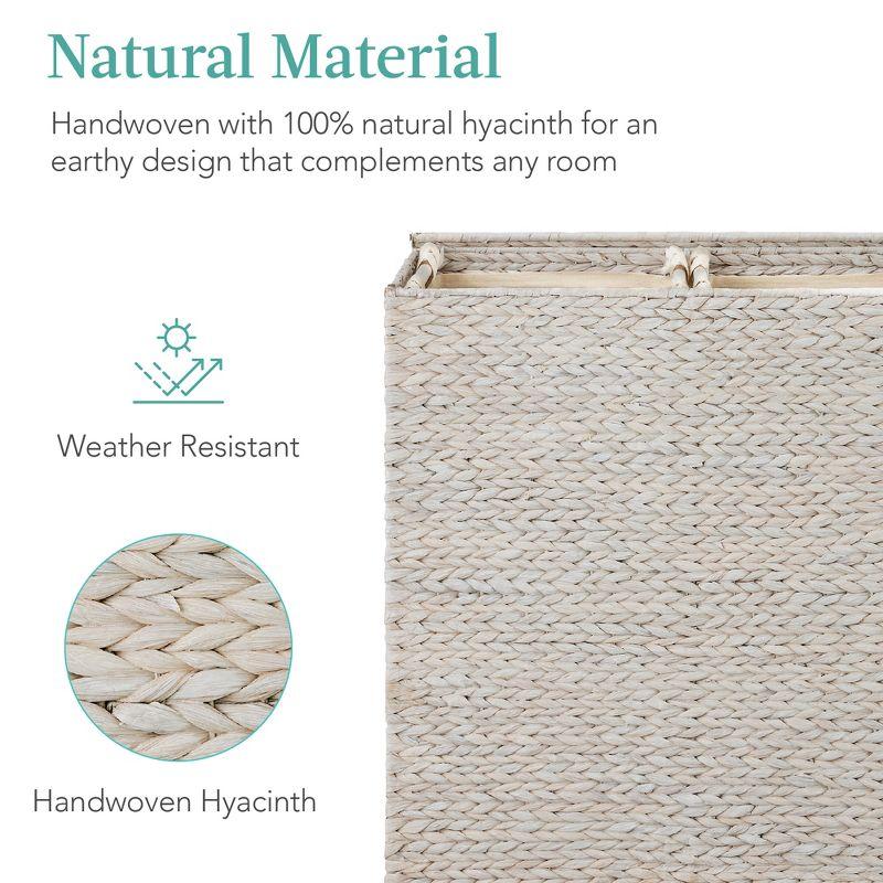 Best Choice Products Large Natural Water Hyacinth Double Laundry Hamper Basket w/ 2 Liner Bags, Handles - White