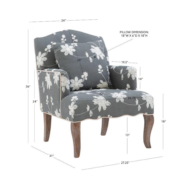 Traditional Floral Upholstered Embroidered Linen French Accent Armchair - Gray - Linon