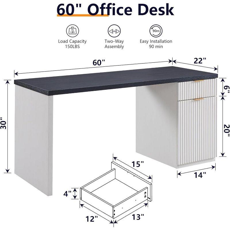 60" Modern Desk with Drawer & Cabinet, Fluted Computer Writing Desk for Living Room, Bedroom, White