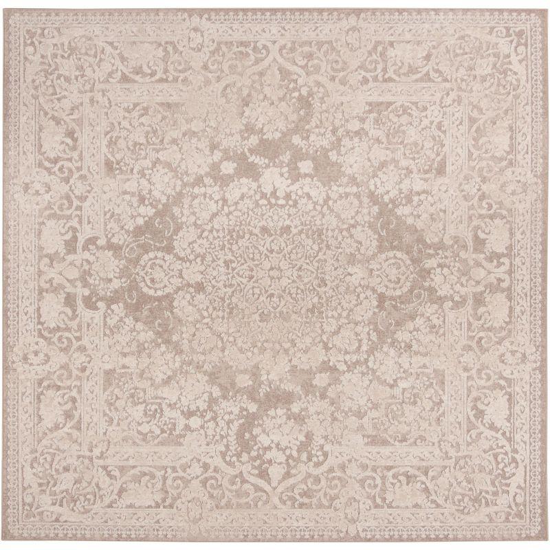 Beige and Cream Vintage Distressed Floral 8'x8' Area Rug