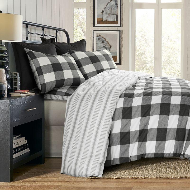 Camden Farmhouse Check King Duvet Cover Set in Grey and Cream Cotton