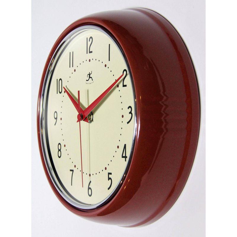 9.5" Retro Metal Wall Clock Red - Infinity Instruments: Indoor Modern Decor, Off-White Face, Round Shape