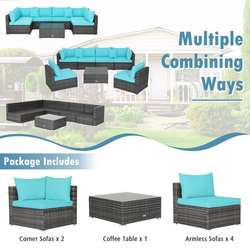 Costway 7PCS Patio Rattan Furniture Set Sectional Sofa Cushioned Turquoise