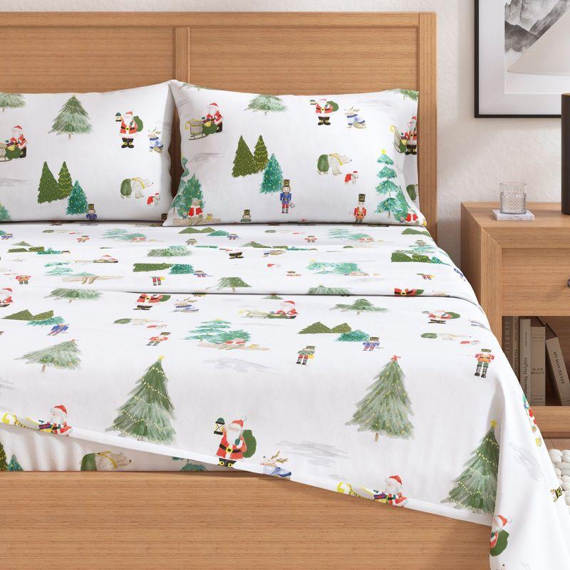 100% Cotton Christmas Flannel Sheets - Great Bay Home (Full, Watercolor Santa & Friends)