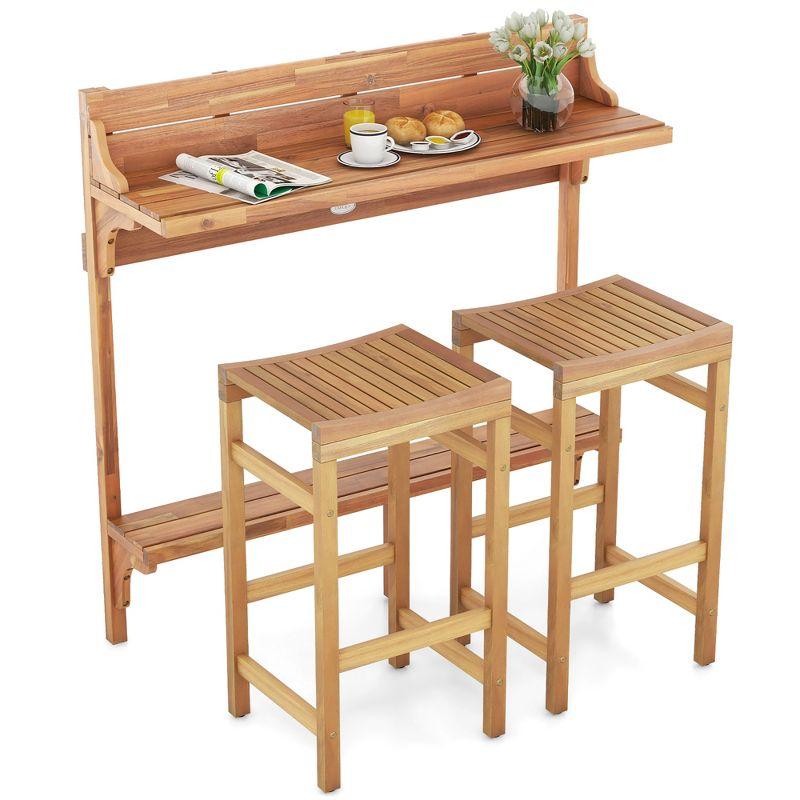 Acacia Wood 3-Piece Balcony Bar Table Set with Footrest