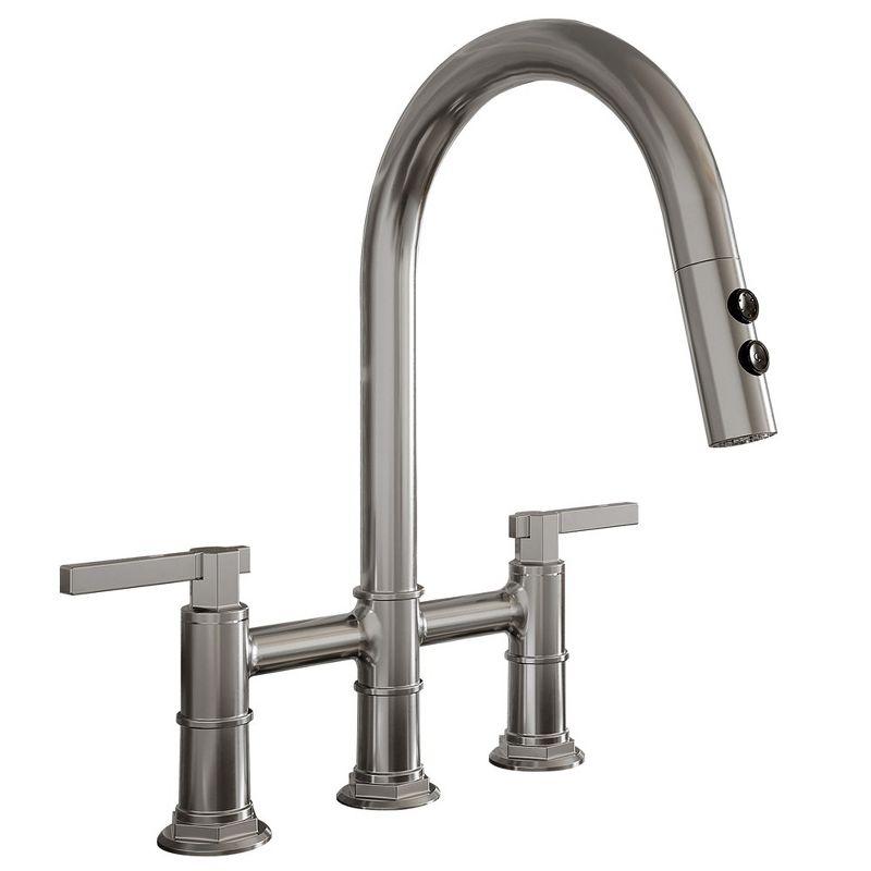 Brushed Nickel Double Handle Bridge Kitchen Faucet with Pull-out Spray