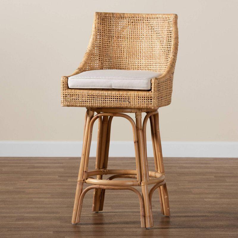 Bella Rattan Bar Stool Natural Brown/White - Baxton Studio: Bohemian Design, Foam Cushion, No Assembly Required