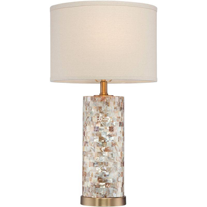 360 Lighting Margaret Coastal Accent Table Lamp 23" High Mother of Pearl Tile Cylinder Cream Linen Drum Shade for Bedroom Living Room Bedside Office