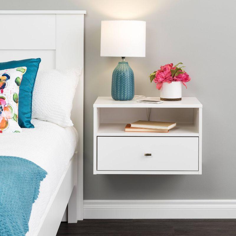 Sleek White Floating Nightstand with Drawer and Cord Management