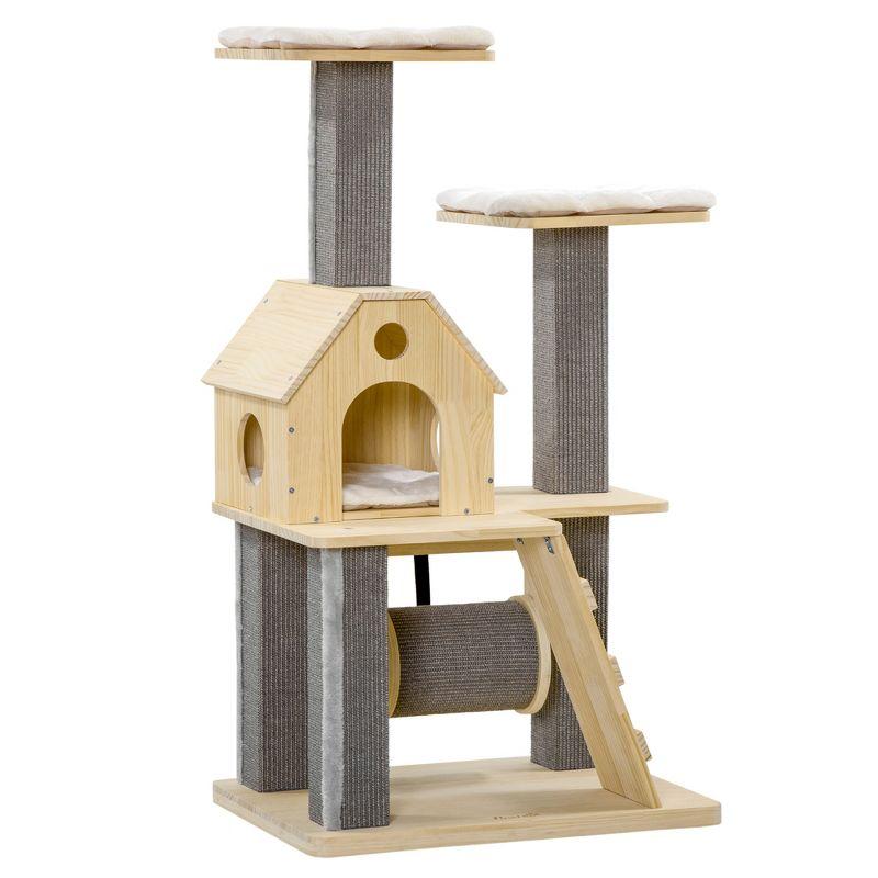 PawHut 49" Cat Tree, Kitty Activity Center, Wooden Cat Climbing Toy with Condo, Roller, Ladder, Cushions, and Sisal Scratching Post Pad, Natural