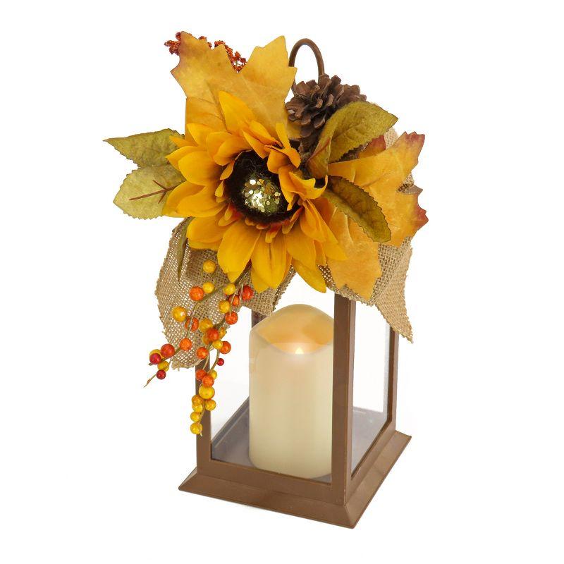 14" Sunflower and Burlap Bow Fall Harvest Lantern