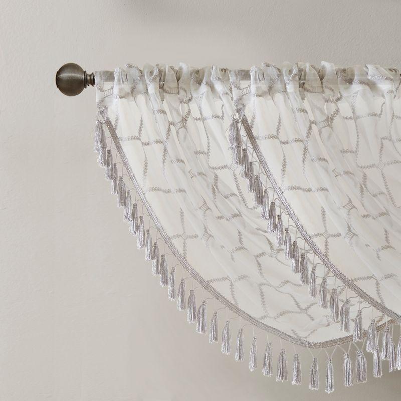 Sill Length White/Grey Embroidered Sheer Waterfall Valance