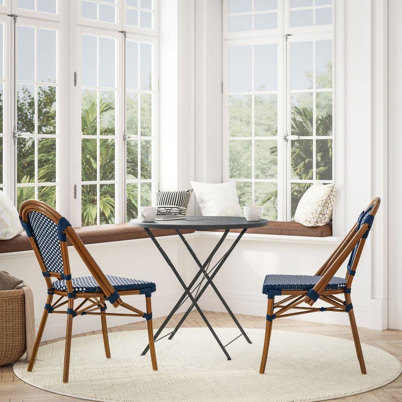 Emma & Oliver Soie Set of Two Stacking Bistro Chairs with Navy and White PE Seat and Back and Bamboo Finished Aluminum Frame for Indoor/Outdoor Use